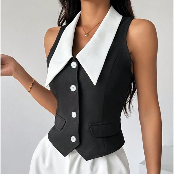 Classic Elegant Polka Dot Button Down Vest Office Work Top Black White - Picture 8 of 10